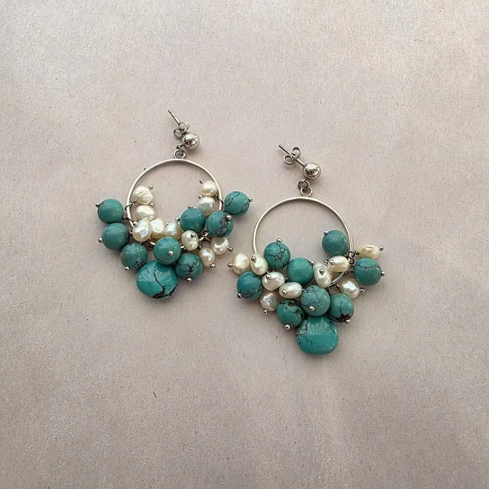 Diana Venezia Sterling Silver 925 Earrings Turquoise Boho Beaded Dangle‎ Cluster